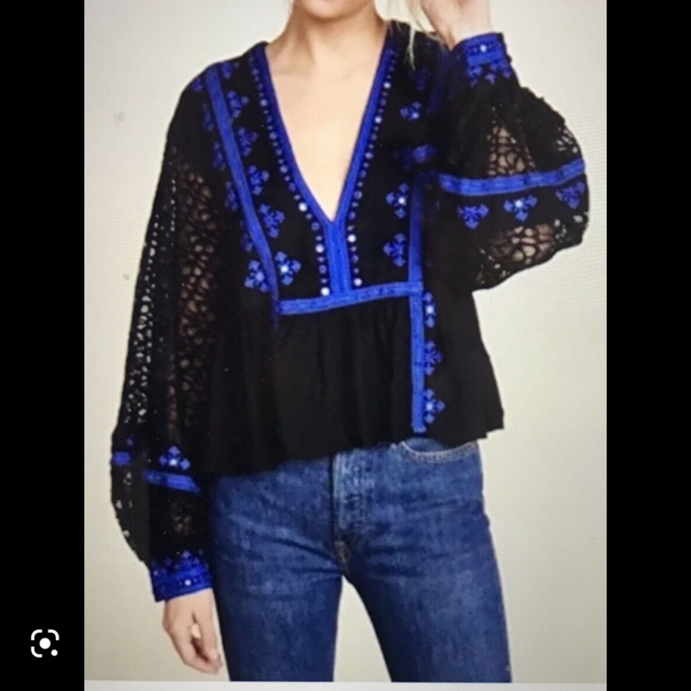 Free People Black Crochet Peasant with Mirrors